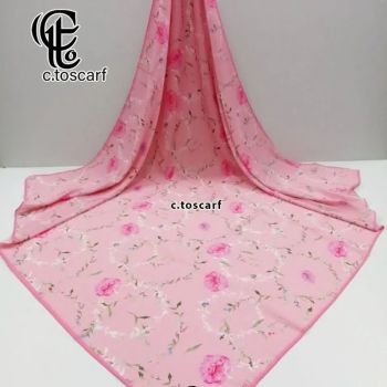 روسری نخ کاستوم قواره بزرگ طرح گل گلی دابل پینک 140 سانتیمتر