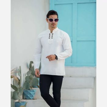 پیراهن الیاف طبیعی مردانه سفید مدل هشت دکمه سایزبندی 1 تا 5