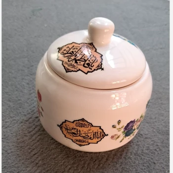 قندان چینی مذهبی قندون نقش یا اباعبدلله الحسین یا فاطمه الزهرا مناسب محرم و فاطمیه طرح محرم 