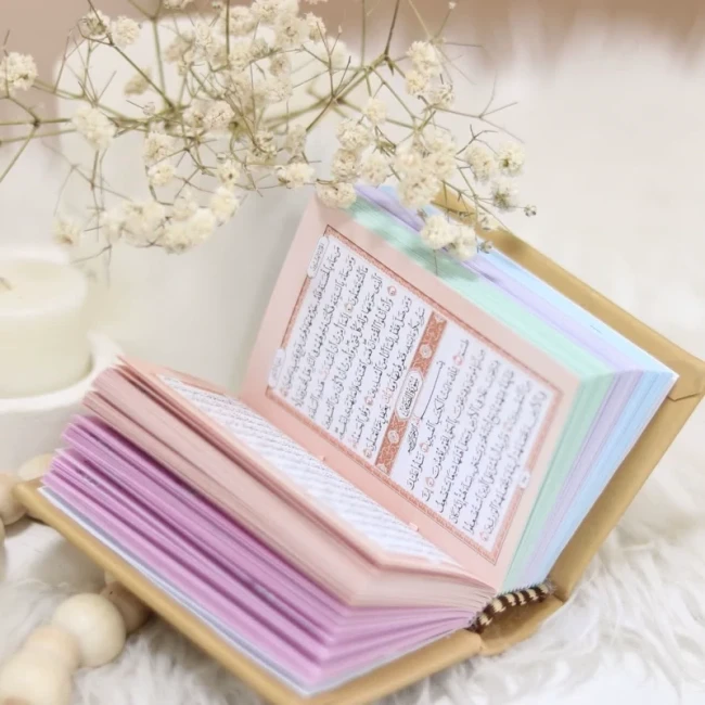 قرآن لقمه ای رنگی اندازه 8 در 6 سانت مناسب شب های قدر و هدیه معنوی جشن تکلیف عبادت روز دختر قرآن لقمه ای کد یک 