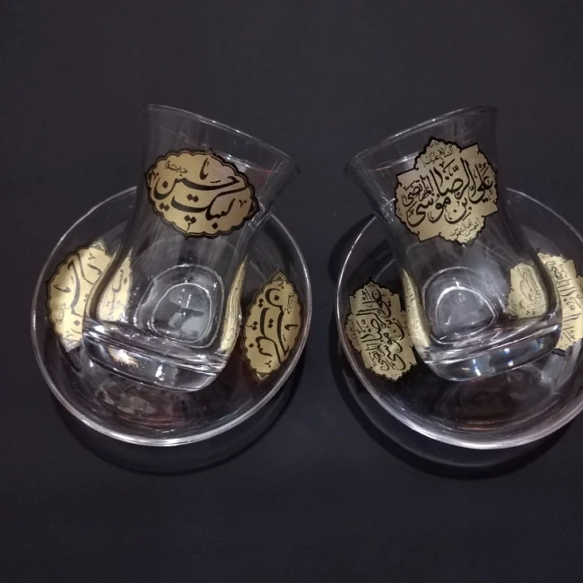 استکان و نعلبکی مزین به نام مبارک ائمه دستی 6 عدد استکان و 6 عددنعلبیکی ت کمر باریک محرم فاطمیه 
