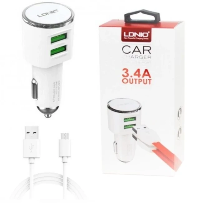 شارژر فندکی اصلی دو پورت + کابل اندروید LDNIO مدل DL-C29

