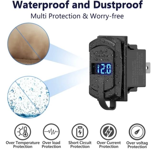 شارژر مستطیلی( طرح کلید ) USB + TAYP-C + VOLTMETER