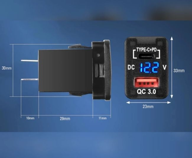 شارژر مستطیلی( طرح کلید ) USB + TAYP-C + VOLTMETER تویوتا