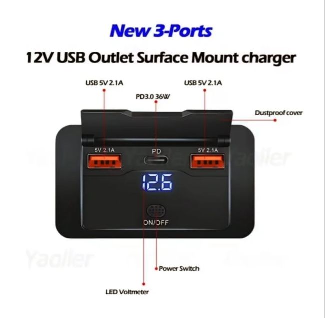 شارژر 3 پورت USB * 2 + Tayp’c * 1 روکار فست با کلید پاور