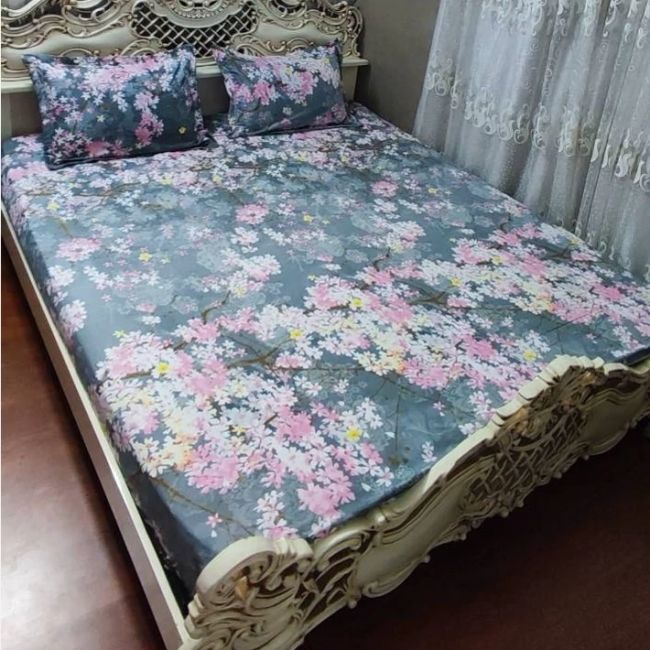 روتختی دونفره شکوفه صورتی روکش تشک کشدوزی شده دونفره ملحفه دونفره ملافه دونفره