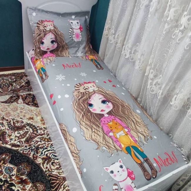روتختی یک نفره دخترانه طوسی عروسکی مو فر فری توسی