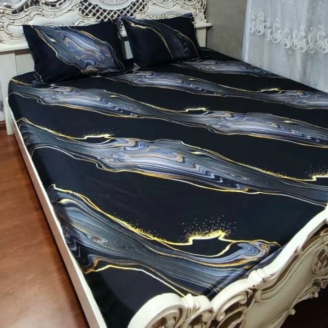 روتختی دونفره مشکی خط طلایی سایه طوسی محلفه کش دار دونفره