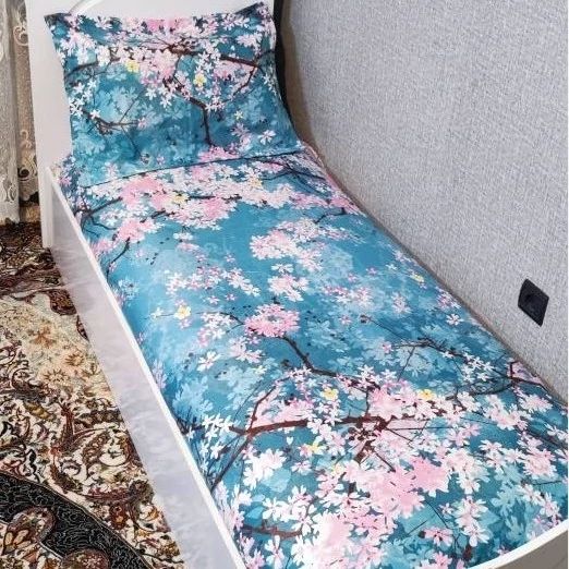 روکش تخت یک نفره فیروزه ای شکوفه صورتی روتختی یکنفره فیروزه ای