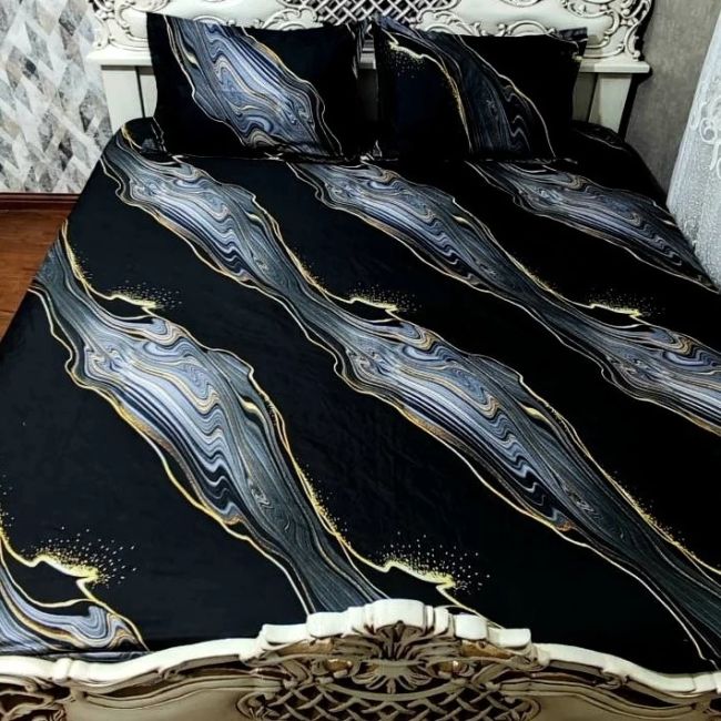 روتختی دونفره مشکی خط طلایی سایه طوسی محلفه کش دار دونفره