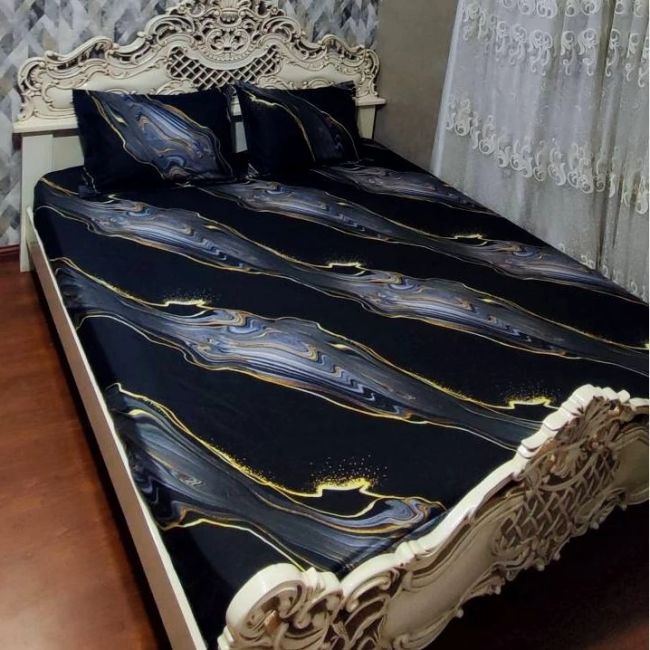 روتختی دونفره مشکی خط طلایی سایه طوسی محلفه کش دار دونفره