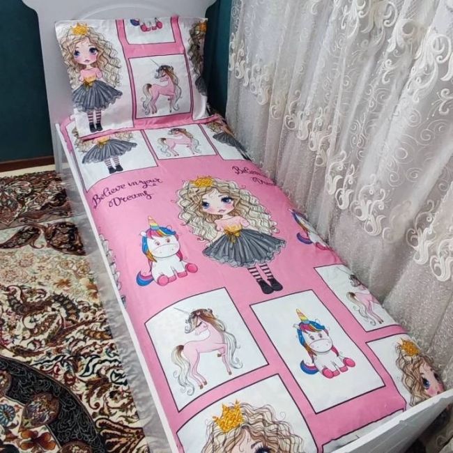 روتختی ملحفه یک نفره دخترانه عروسکی طرح خاطره صورتی موفری اسب تک شاخ