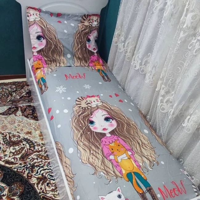 روتختی یک نفره دخترانه طوسی عروسکی مو فر فری توسی
