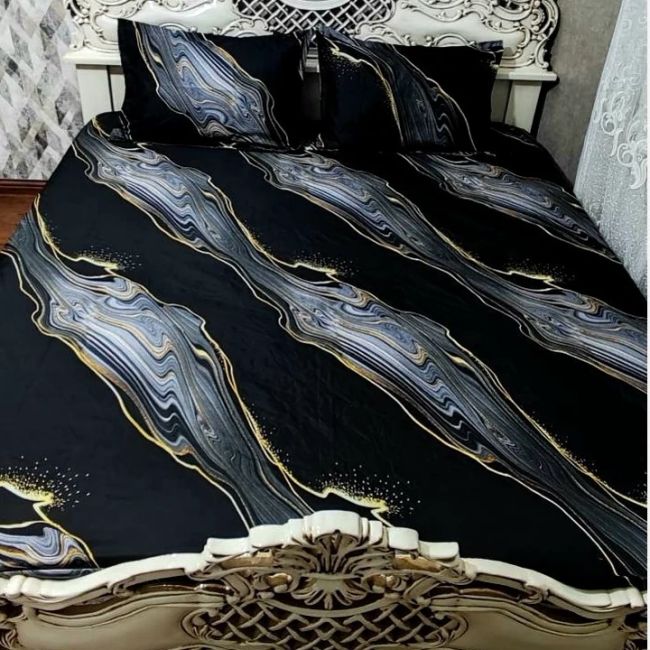 روتختی دونفره مشکی خط طلایی سایه طوسی محلفه کش دار دونفره