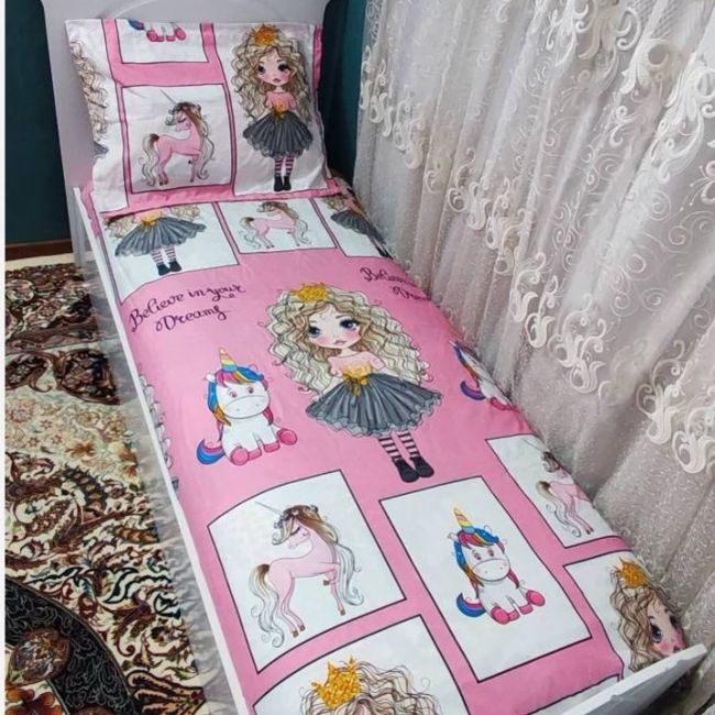 روتختی ملحفه یک نفره دخترانه عروسکی طرح خاطره صورتی موفری اسب تک شاخ