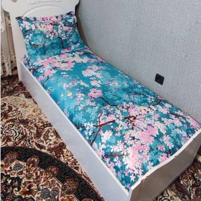 روکش تخت یک نفره فیروزه ای شکوفه صورتی روتختی یکنفره فیروزه ای