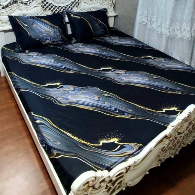 روتختی دونفره مشکی خط طلایی سایه طوسی محلفه کش دار دونفره