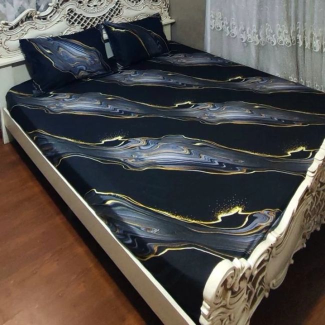 روتختی دونفره مشکی خط طلایی سایه طوسی محلفه کش دار دونفره