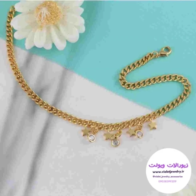 پابند استیل آویزدار ستاره و نگین طلایی کد 7002