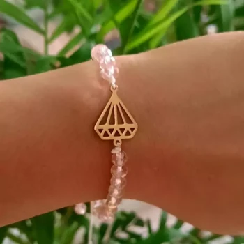 دستبند کریستالی صورتی با پلاک طرح الماس استیل فری سایز گره ای