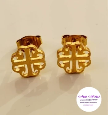 گوشواره میخی استیل طرح گل طلایی کد 1149