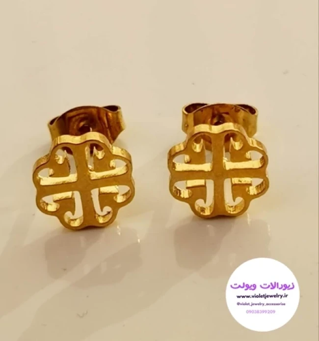 گوشواره میخی استیل طرح گل طلایی کد 1149