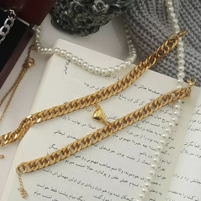 دستبند دوستی کارتیر دوبل استیل مگنتی قلبی ویژه روز عشق و کد 9005
