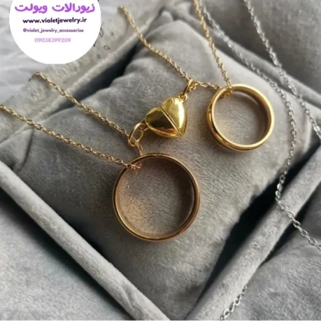 ست گردنبند حلقه با قفل قلب مگنتی طلایی و نقره ای (ویولت گالری) کد 9016
