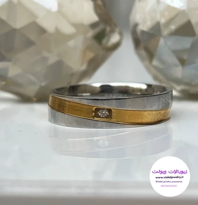 حلقه استیل اسپرت دورنگ تک نگین سایز 9 کد 3058