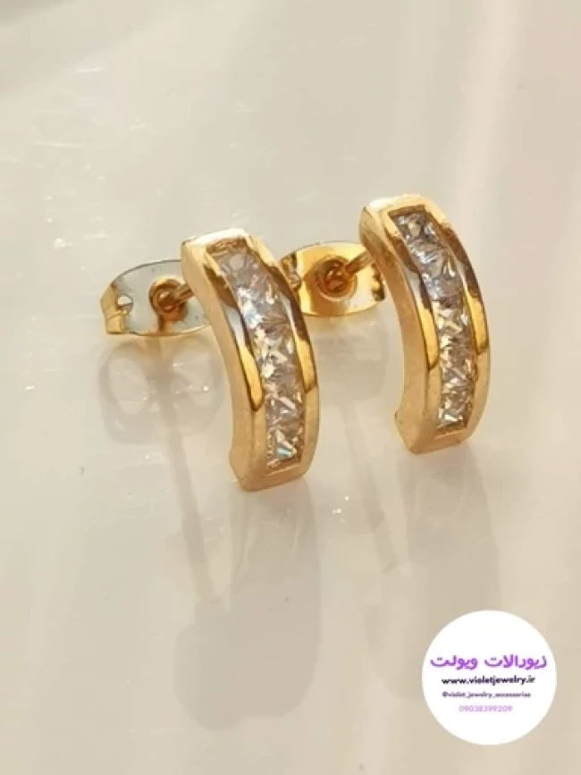 گوشواره میخی طرح حلقه ای نگین دار برند ژوپینگ طلایی کد 1156