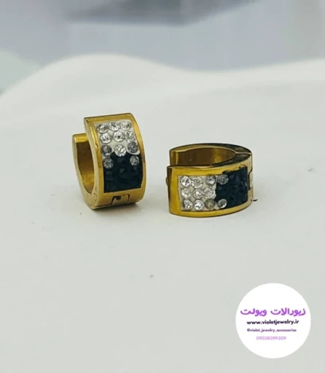 گوشواره حلقه ای استیل نگین مشکی سفید کد 11102