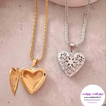 لاکت جاعکسی استیل مدل قلبی با زنجیر خاویاری طلایی و نقره ای کد 99101