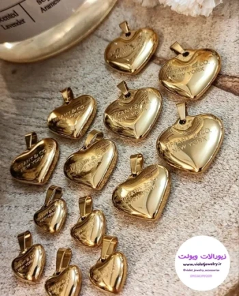 آویز تیفانی مدل قلبی استیل طلایی دو سایز بزرگ و کوچک کد 4054