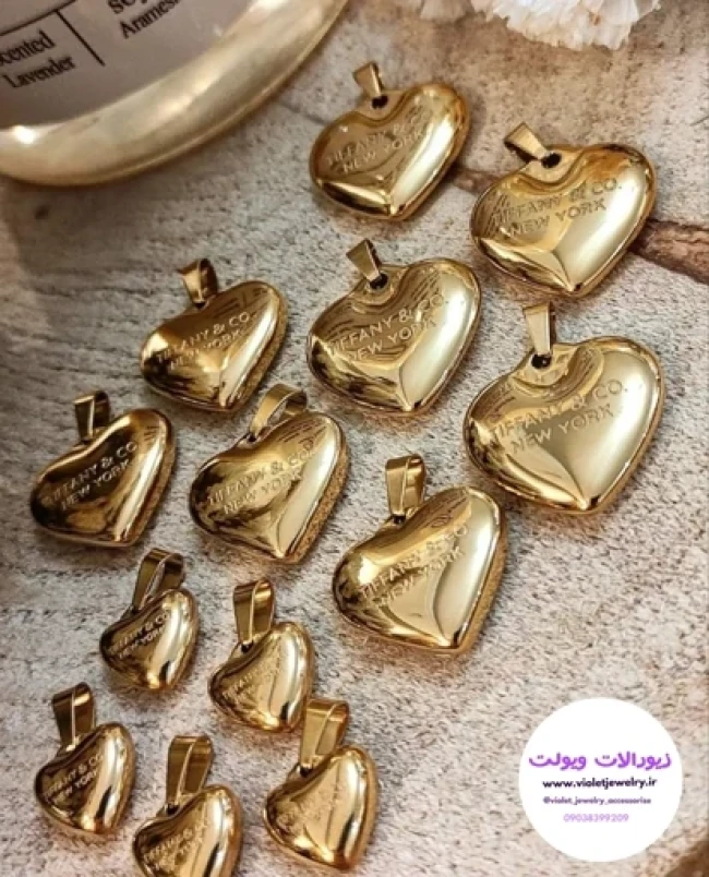 آویز تیفانی مدل قلبی استیل طلایی دو سایز بزرگ و کوچک کد 4054