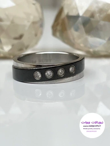 حلقه مردانه نگین دار دورنگ جنس استیل کد 3044
