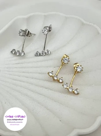 گوشواره 3 بعدی نگین دار رنگ طلایی و نقره ای کد 1198