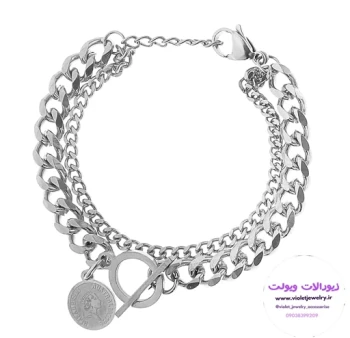 دستبند اسپرت استیل جدید نقره ای و طلایی رنگ ثابت کد 6003