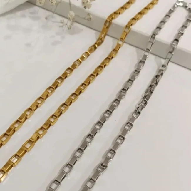 گردنبند مردانه زنجیری آجری نقره ای و طلایی 60 سانتی درشت استیل رنگ ثابت