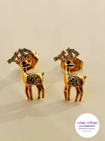 گوشواره میخی طلایی طرح آهو برند ژوپینگ کد 1161