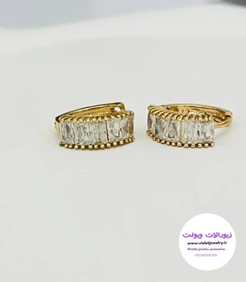 گوشواره حلقه ای طلایی با نگین باگتی قطر 1 سانت کد 11107
