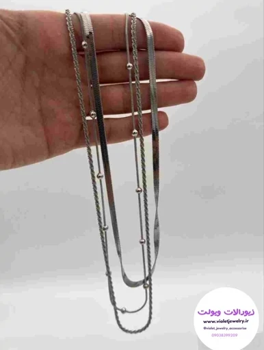 گردنبند 3لاین زنانه ترکیبی ماری و زنجیر توپی و خاویاری طلایی و نقره ای کد 12171