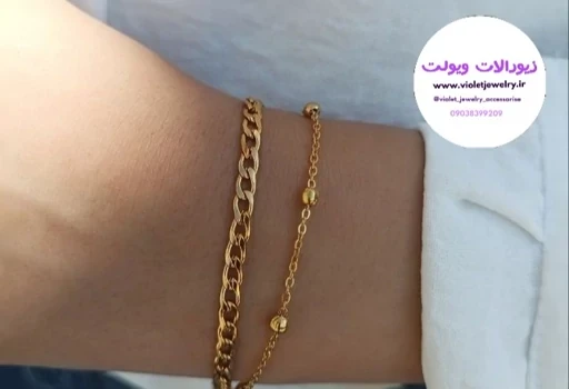دستبند زنانه دولاین کارتیر و زنجیرتوپی طلایی استیل کد 1366