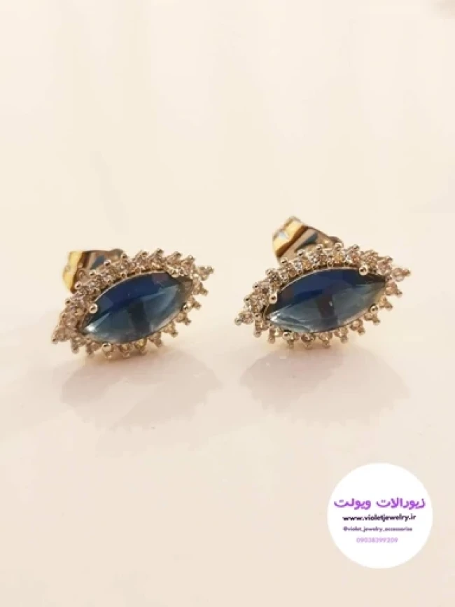 گوشواره میخی استیل برند ژوپینگ نگین دار طرح اشک رنگ آبی کد 1153