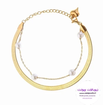 پابند ترکیبی ماری طلایی و مرواریدرنگ ثابت جنس استیل کد 7097