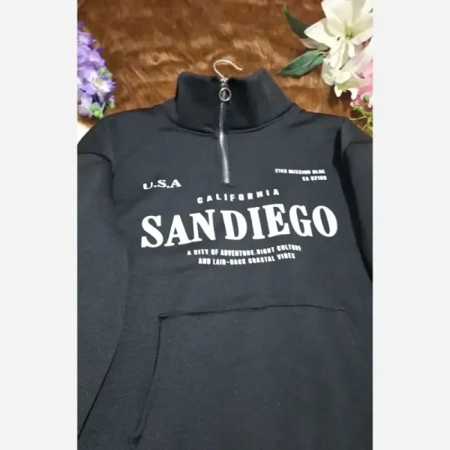 دورس نیم زیپ اسپرت زنانه پسرانه SANDIEGO جنس دورس سه نخ گرم بالا درجه یک رنگ مشکی سبز زیتونی فری سایز