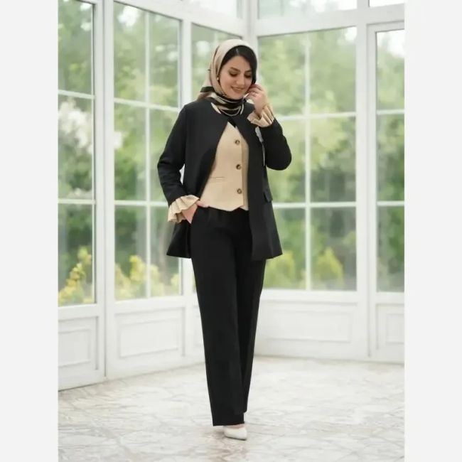 سه تیکه زنانه کت شلوار و ژیله شانتون ژاکارد سایز بزرگ