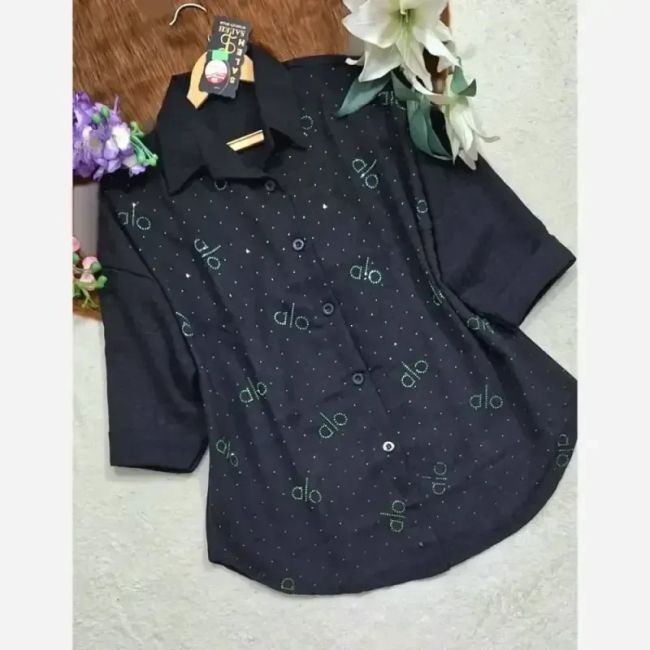 شومیز مانتویی زنانه و دخترانه شانتون نگین کاری شده مشکی فری سایز
