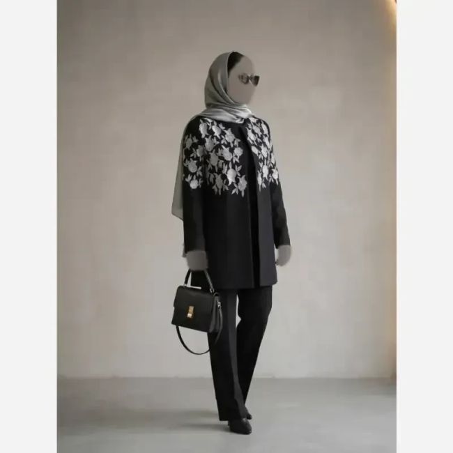 مانتو مزونی گلدوزی زنانه مدل النا پارچه مازراتی نخ توییست سایز بزرگ