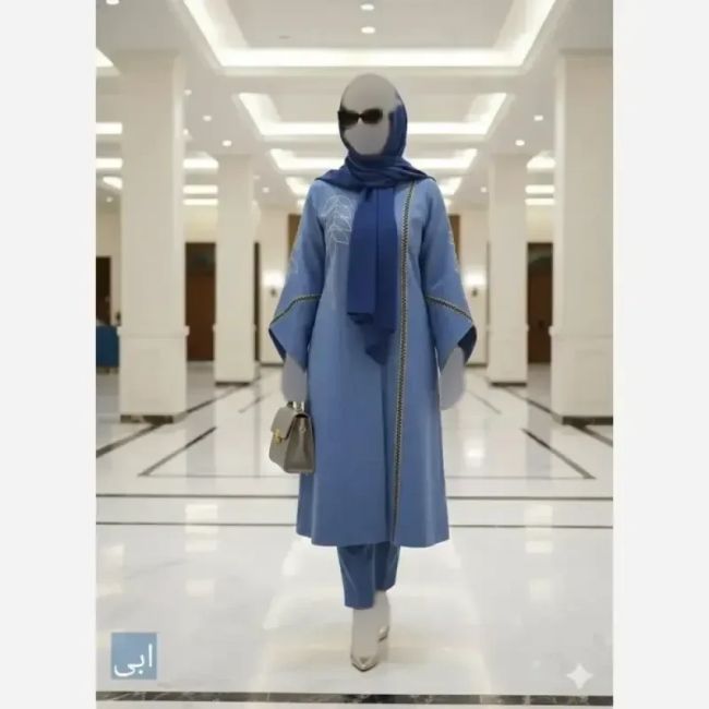 مانتو گلدوزی شده مدل رویسا پارچه شانتون اسلپ قد 109 سانت