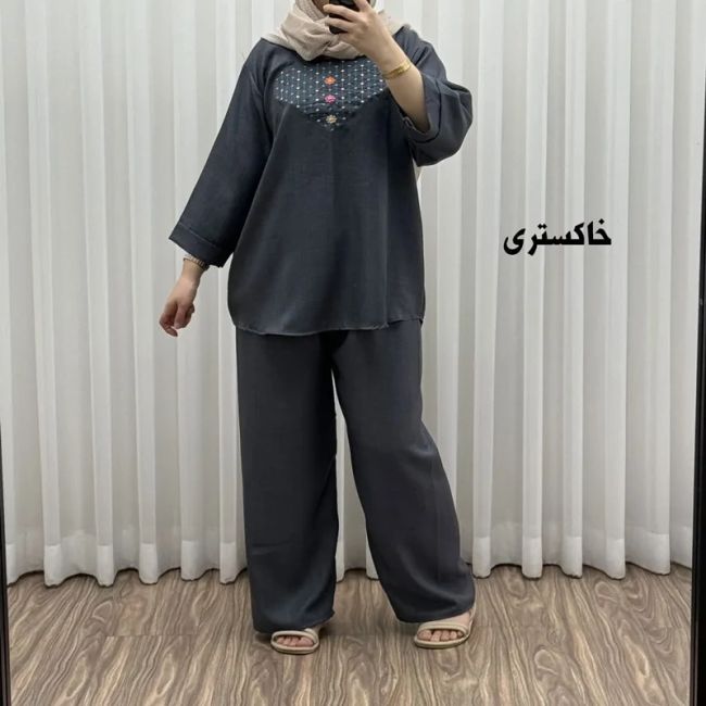 ست بلوز شلوار گلدوزی آلنا فری سایز تا 50 جنس صوفیا چهارفصل شیک راحت بدون آبرفت و رنگ رفت